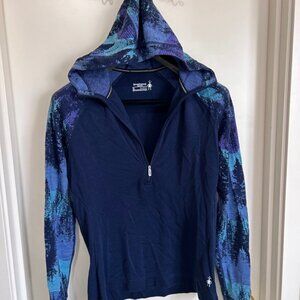 Smartwool Gray Merino Wool 250 Half Zip Hooded Top Blue Tree Pattern XL